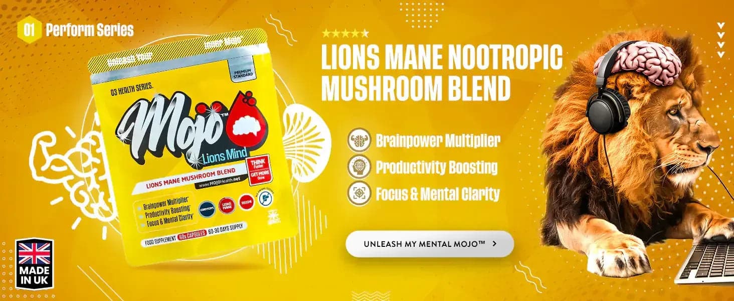 Mojo Lions Mind — mistura nootrópica de cogumelo juba de leão: multiplicador de poder cerebral, produtividade impulsionada, foco e clareza mental. Libere meu Mojo mental.