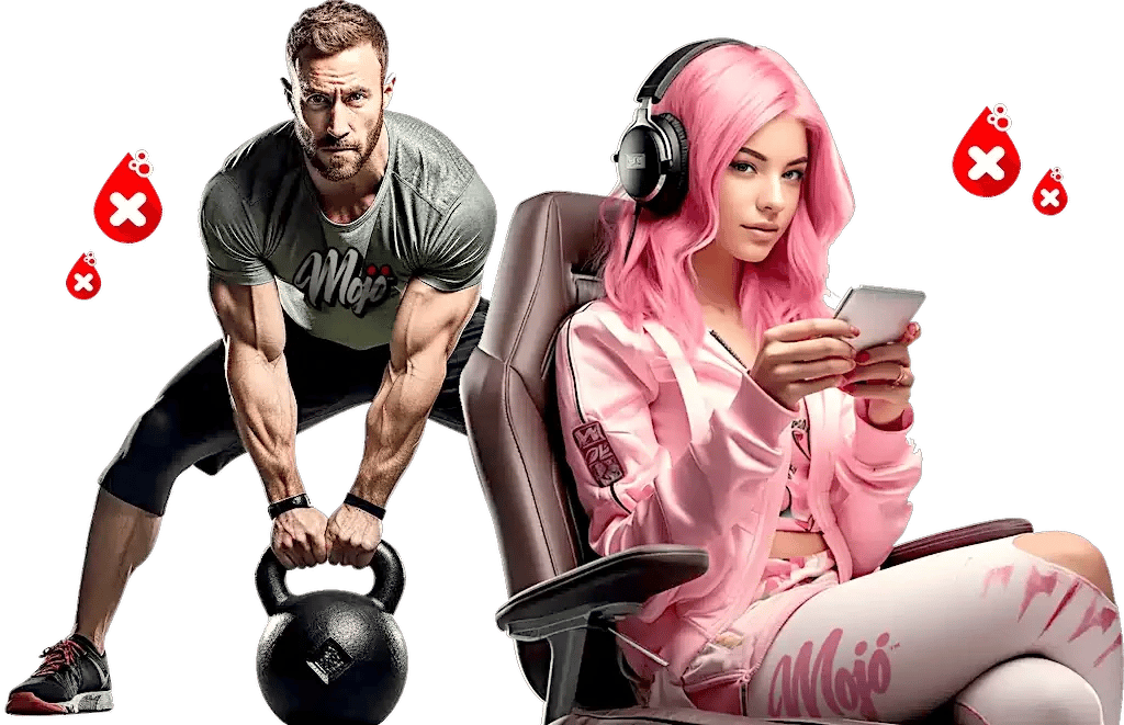 Homem levantando um kettlebell ao lado de uma garota gamer em agasalho Mojo