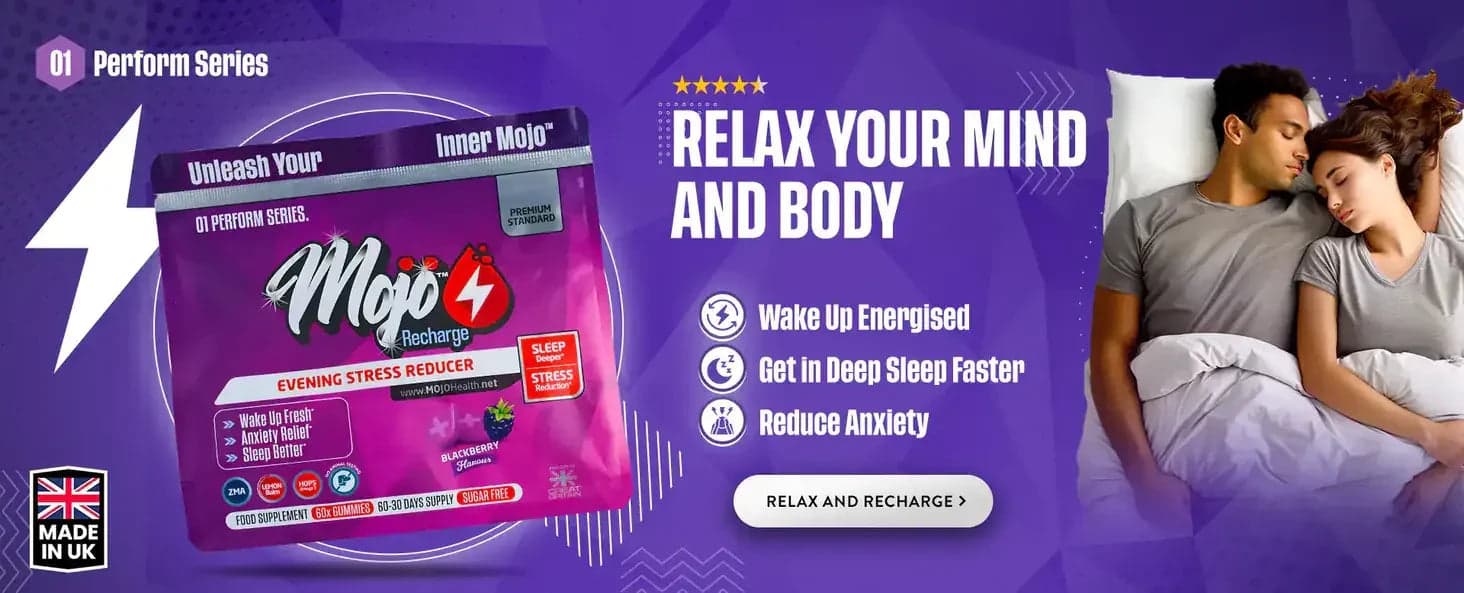Mojo Recharge — redutor de estresse noturno: relaxe sua mente e corpo, acorde energizado, adormeça profundamente mais rápido, reduza a ansiedade. Relaxe e recarregue.